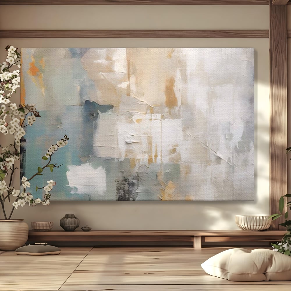Tablou canvas cu pictura abstracta cu texturi alb, gri si turcoaz, fara rama, pe sasiu de lemn